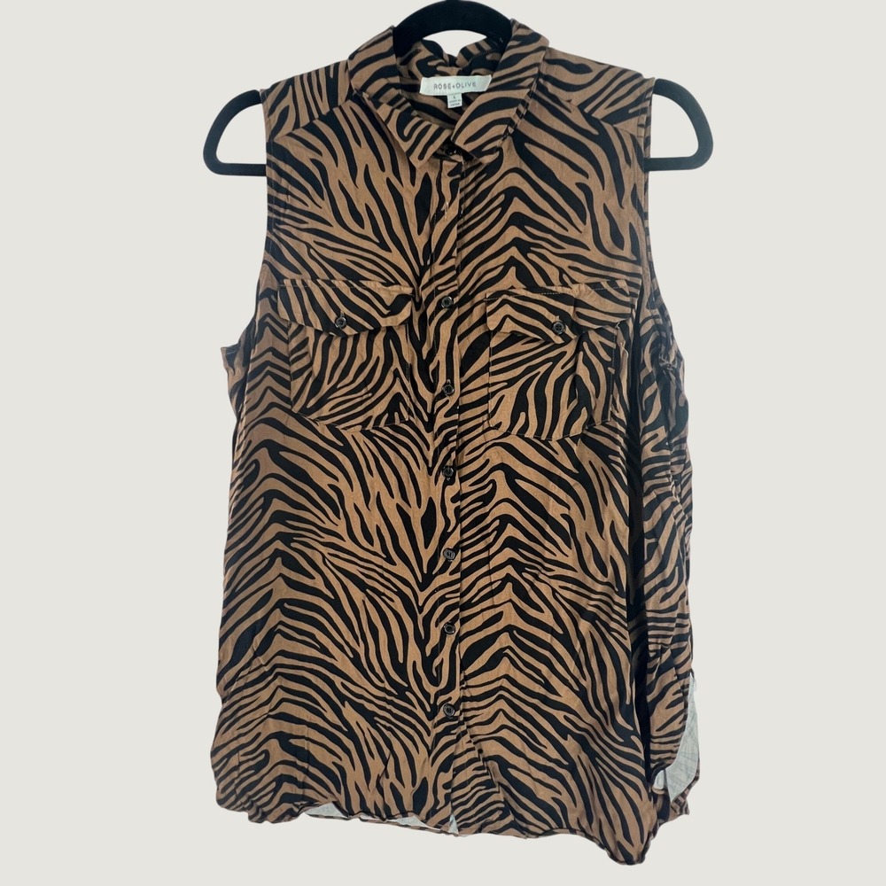 Rose Olive Womens Large Sleeveless Zebra Animal Print Button Down Rayon Shirt